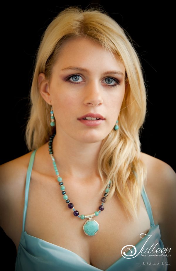 Aquarius Necklace. Bright Turquoise Sterling Silver Pendant Necklace in Turquoise and Pearl - Image 2