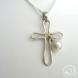 Anne Necklace. Sterling Silver Wire Cross With Pearl on Sterling Silver Chain 30 inch