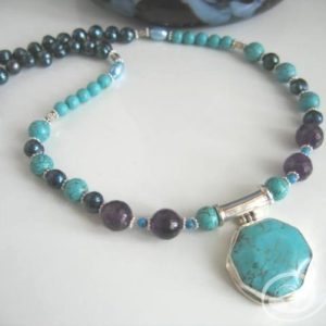 Aquarius Necklace. Bright Turquoise Sterling Silver Pendant Necklace in Turquoise and Pearl