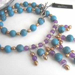 Athena Pearl Turquoise and Amethyst Fringe Necklace