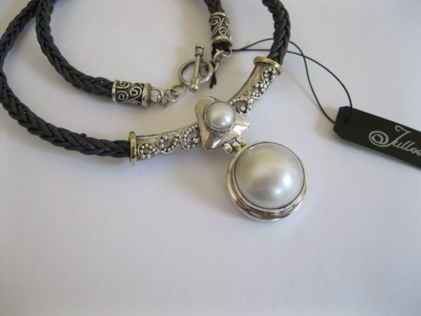 Funky Tube Ice White Double Pearl and Mabe Sterling Silver Tube Pendant on Navy Blue Rolo - Image 2