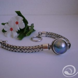 Blue Mabe Chunky Sterling Silver Bracelet on toggle