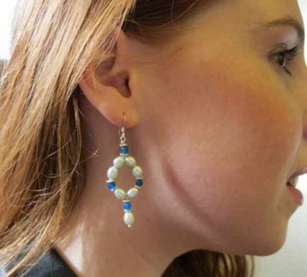 Blue Bijou Blue Pearl and Cobalt Blue Agate Dangly Hoop Earrings - Image 2