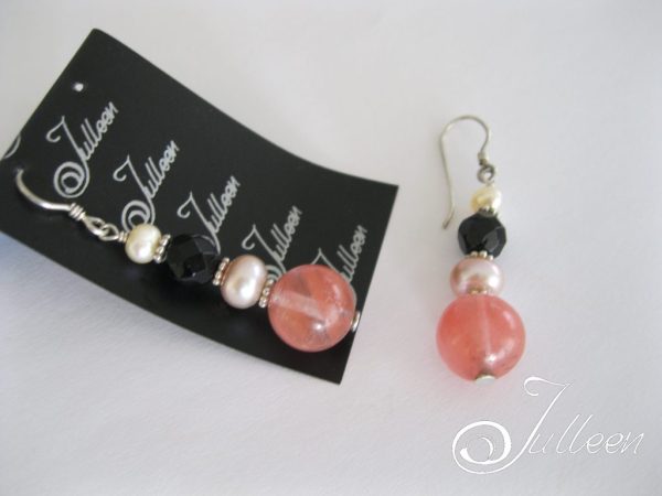 Cherry Pop Stick. Cherry Quartz, Pearl, Black Jet, Decco Earrings - Image 3