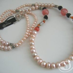 Clara Cherry Quartz. Long Pink Pearl and Sterling Silver Necklace