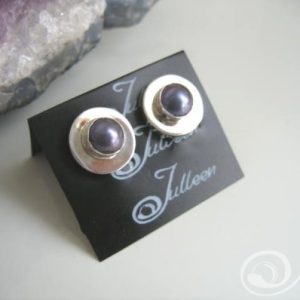 Clip On Betina Earrings. Black Pearl Bezel Set in Sterling Silver