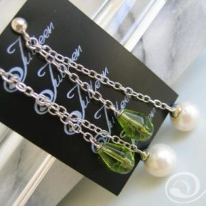 Cricket, Dangle Pearl Earring with Apple Green Quartz on Sterling Silver Double Chain