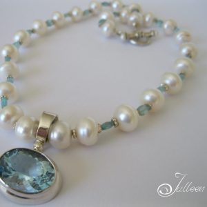 Debora Necklace 925 Sky Blue Topaz Enhancer Pendant on Large White Pearls