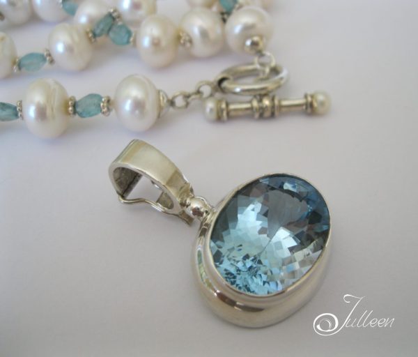 Debora Necklace 925 Sky Blue Topaz Enhancer Pendant on Large White Pearls - Image 3