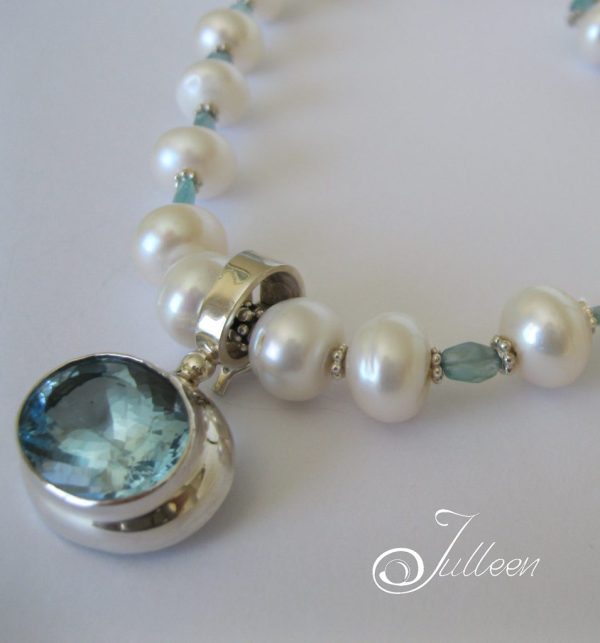 Debora Necklace 925 Sky Blue Topaz Enhancer Pendant on Large White Pearls - Image 2