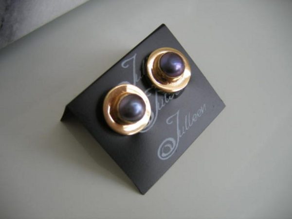 Clip On Bethany Earrings. Black Pearl Bezel Set in Gold Vermeil