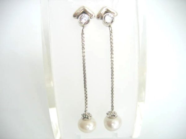Tabatha CZ Diamond and White Pearl Long Sterling Silver Chain Dangle Earrings - Image 2