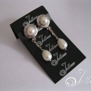 Marilyn Double White Pearl Sterling Silver Dangle Clip On Earring