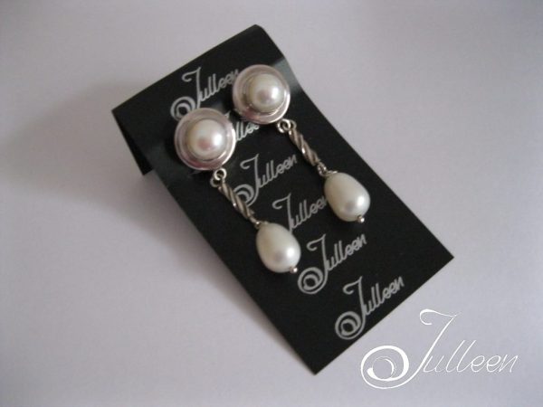 Marilyn Double White Pearl Sterling Silver Dangle Clip On Earring