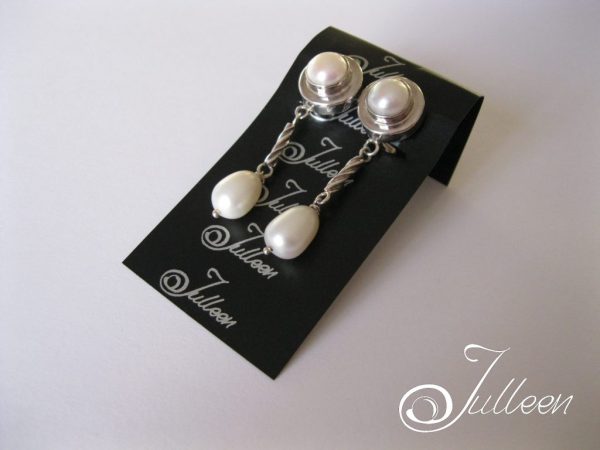 Marilyn Double White Pearl Sterling Silver Dangle Clip On Earring - Image 3