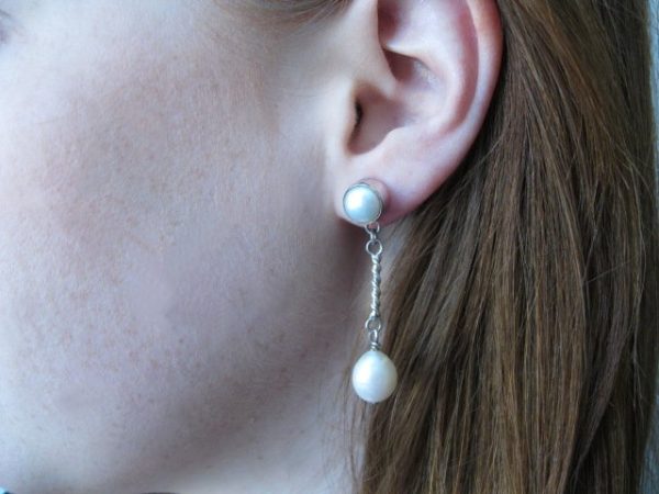 Lily White Long Double Pearl Drop Earrings on Post - Image 2