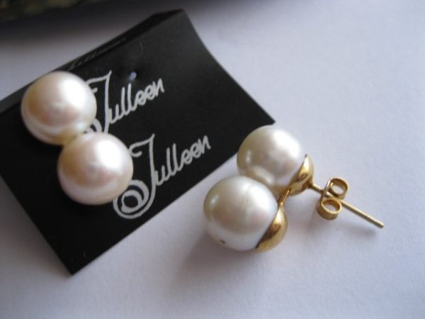 White Bride Genuine Pearl and Gold Vermeil Earring on Post - Image 2