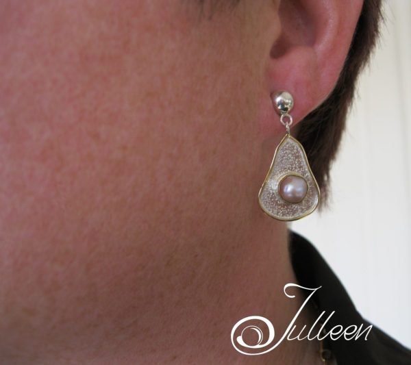 Pink Pearl, Avacado Shape, Sterling Silver and Vermeil Long Dangle Designer Earring - Image 2