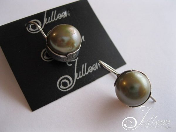 Oyster Green Bezel Set Pearl Sterling Silver Hook Earring - Image 2