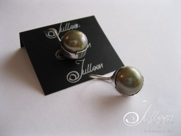 Oyster Green Bezel Set Pearl Sterling Silver Hook Earring - Image 4