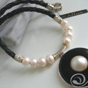 Extreme Chic Necklace Huge Black Onyx Donut and White Mabe and Pearl on Leather Deluxe Clasp