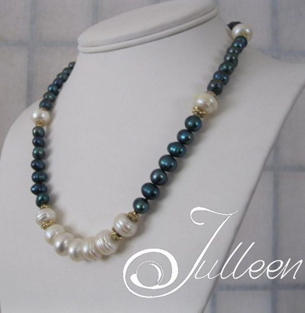Louisa Necklace Peacock Green and Chunky White Pearl Necklace - Image 4