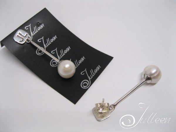 Faye Long Pearl Earrings with Sterling Silver Tube and Dangling White Single Pearl. - Image 4