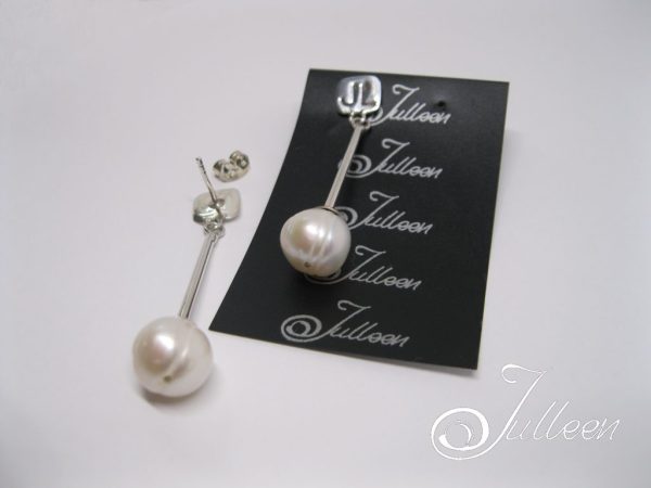 Faye Long Pearl Earrings with Sterling Silver Tube and Dangling White Single Pearl. - Image 2