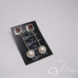 Felicia, Sterling Silver Pearl and Garnet Long Dangle Tube Earring