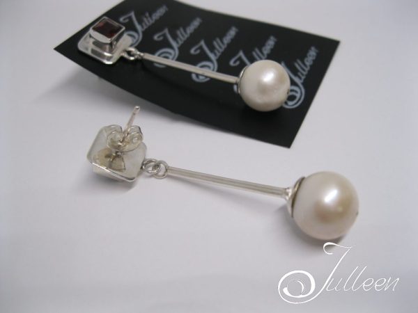 Felicia, Sterling Silver Pearl and Garnet Long Dangle Tube Earring - Image 3