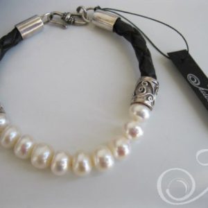 Hayley White Pearl Bracelet on Black Leather and Sterling Silver