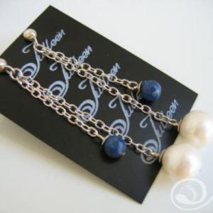 Helen of Troy White Round Pearl and Bright Blue Lapis Lazuli Double Chain Sterling Silver Earrings