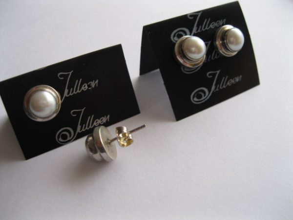 Victoria White Pearl Earring. White Button Pearl Studs Double Bezel Set in Sterling Silver 925 - Image 3