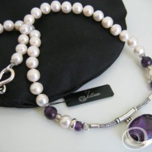 Janine Necklace Huge 24ct Amethyst and Sterling Silver Pendant of Luxury White Pearls
