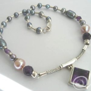 Jezebel Necklace Large Square Amethyst Gemstone Pendant on Sterling Silver  Amethysts and Pearls