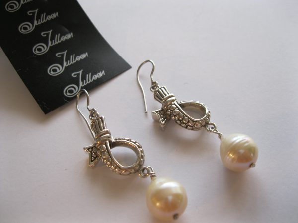 Diana Large Pearl Drop Bow Earrings in Sterling Silver - Image 3