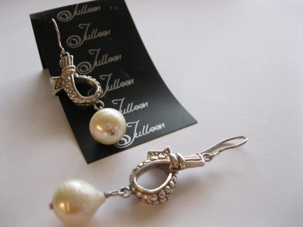 Diana Large Pearl Drop Bow Earrings in Sterling Silver - Image 2
