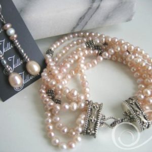 Kelly Pink Pearl Cuff six stranded bracelet Set