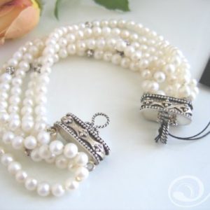 Kelly White 6 Stranded Pearl Bracelet with Sterling Silver Antique Like Box Clasp