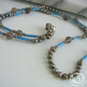 King Tut Turquoise and Gold Bronze Pearl Sterling Silver Long Necklace