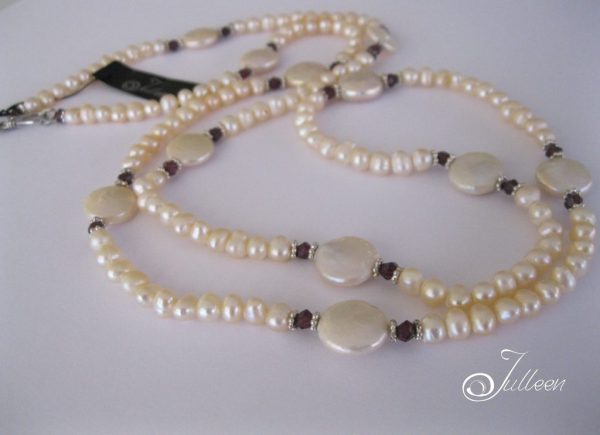 Lady Ashley Necklace. Creamy Peach Coin, and Small Pearl, Garnet and Sterling Silver Long Pearl Necklace. - Image 2