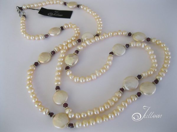 Lady Ashley Necklace. Creamy Peach Coin, and Small Pearl, Garnet and Sterling Silver Long Pearl Necklace.
