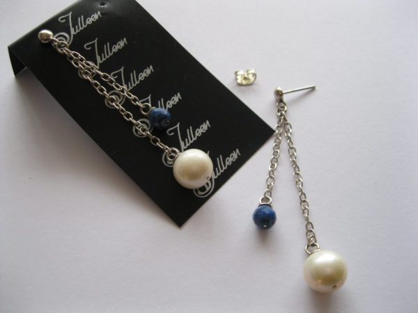 Helen of Troy White Round Pearl and Bright Blue Lapis Lazuli Double Chain Sterling Silver Earrings - Image 3
