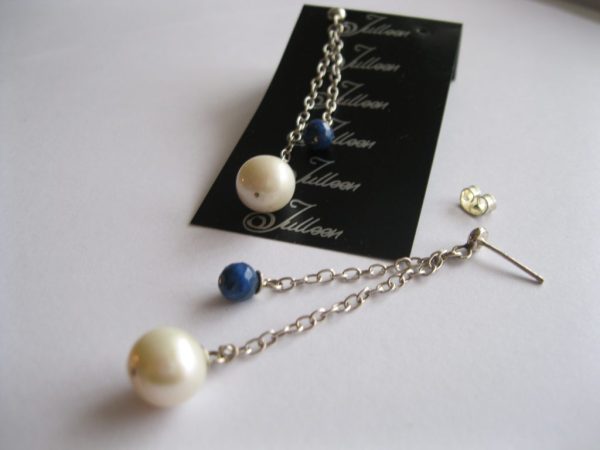 Helen of Troy White Round Pearl and Bright Blue Lapis Lazuli Double Chain Sterling Silver Earrings - Image 2