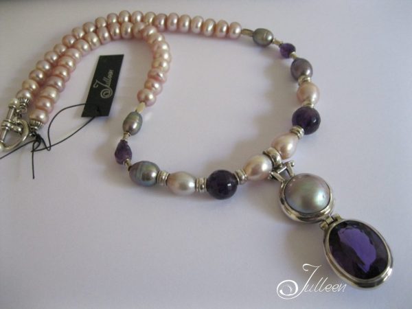 Lavender Lust. Rich Royal Purple Amethyst Gemstone on Natural Pink Button Pearl Sterling Silver Necklace