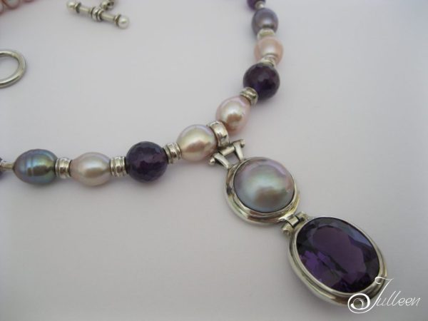 Lavender Lust. Rich Royal Purple Amethyst Gemstone on Natural Pink Button Pearl Sterling Silver Necklace - Image 2