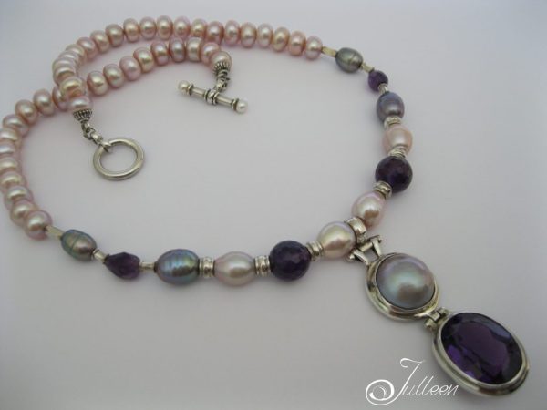 Lavender Lust. Rich Royal Purple Amethyst Gemstone on Natural Pink Button Pearl Sterling Silver Necklace - Image 3