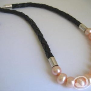 Liza Pink Deluxe Necklace Plump 12mm Pink Pearls on Leather 925