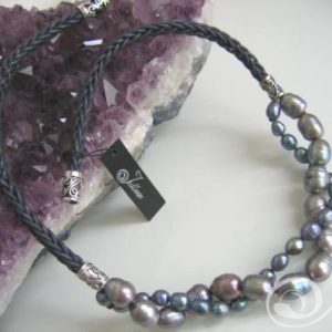 Liza Double Twist Blue Pearl Necklace on Leather.