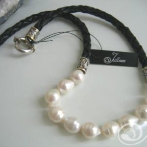 Liza White AA Oval Deluxe Pearl Necklace on Leather with Jumbo Clasp